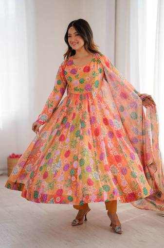 Orange Color Soft Organza Silk Digital Printed Party Wear Gown