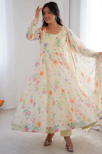 Cream Color Soft Organza Silk Digital Printed Party Wear Gown