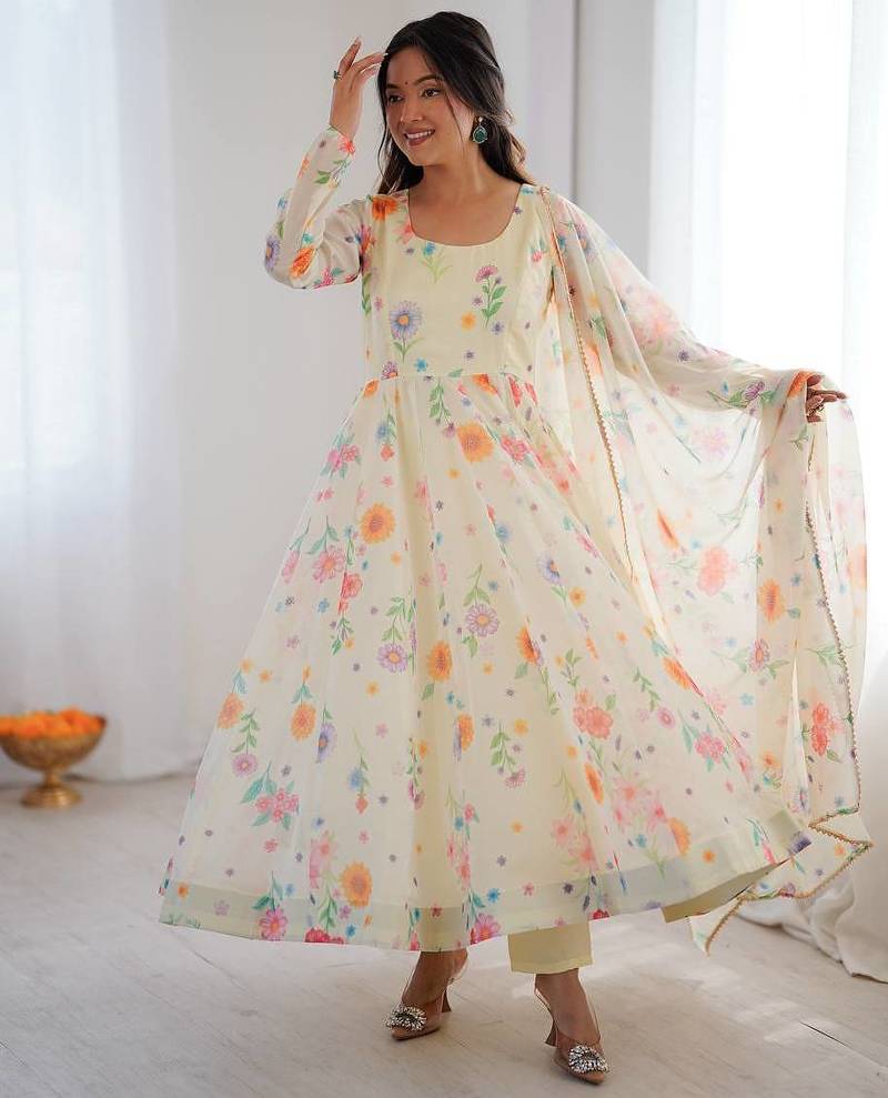 Cream Color Soft Organza Silk Digital Printed Party Wear Gown