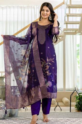 Women's Beautiful Jacquard Printed Work Organza viscose Fabric Straight Kurta Pant and Dupatta Set