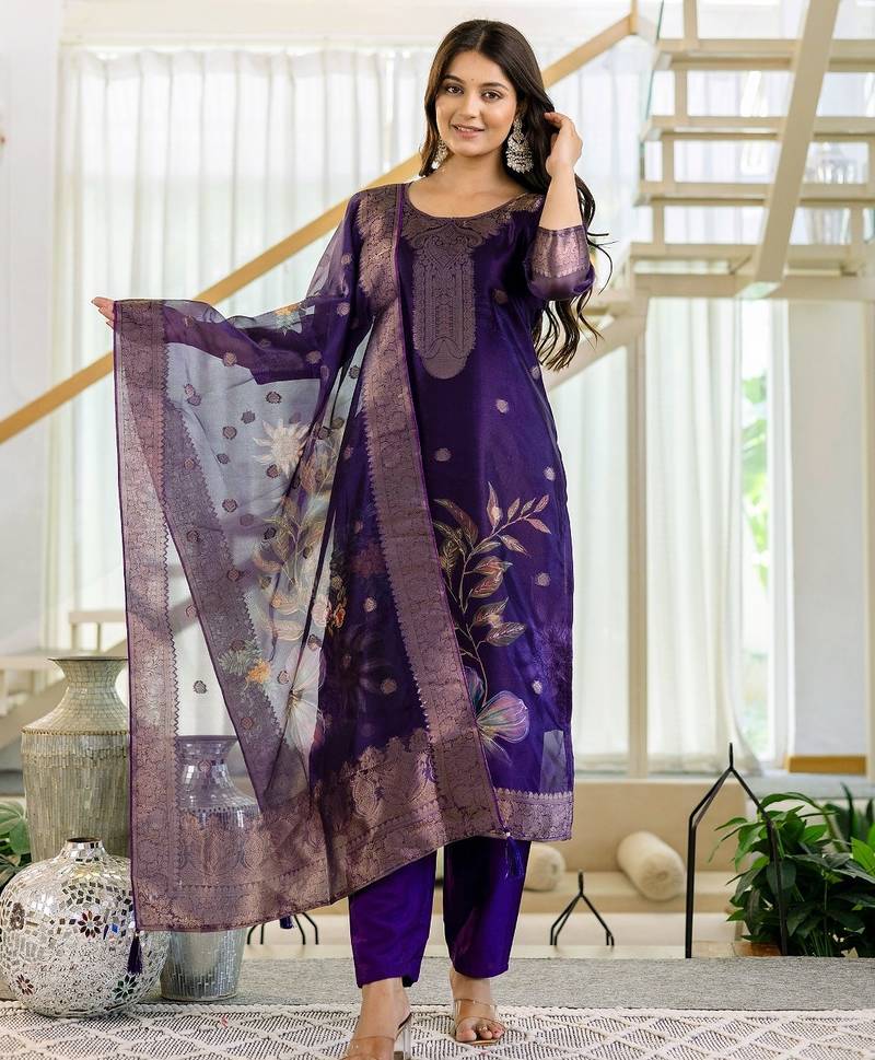 Women's Beautiful Jacquard Printed Work Organza viscose Fabric Straight Kurta Pant and Dupatta Set