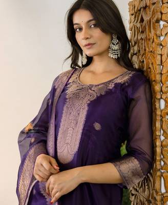 Women's Beautiful Jacquard Printed Work Organza viscose Fabric Straight Kurta Pant and Dupatta Set 2