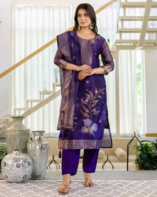 Women's Beautiful Jacquard Printed Work Organza viscose Fabric Straight Kurta Pant and Dupatta Set 3