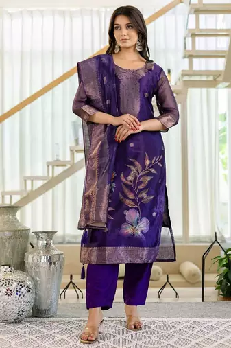 Women's Beautiful Jacquard Printed Work Organza viscose Fabric Straight Kurta Pant and Dupatta Set
