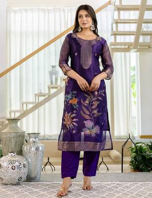 Women's Beautiful Jacquard Printed Work Organza viscose Fabric Straight Kurta Pant and Dupatta Set 4