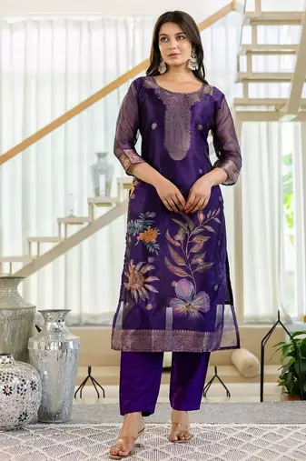 Women's Beautiful Jacquard Printed Work Organza viscose Fabric Straight Kurta Pant and Dupatta Set