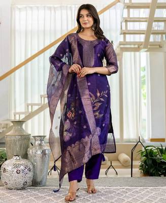 Women's Beautiful Jacquard Printed Work Organza viscose Fabric Straight Kurta Pant and Dupatta Set 5