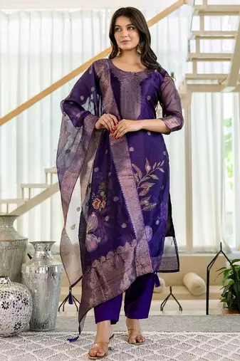 Women's Beautiful Jacquard Printed Work Organza viscose Fabric Straight Kurta Pant and Dupatta Set