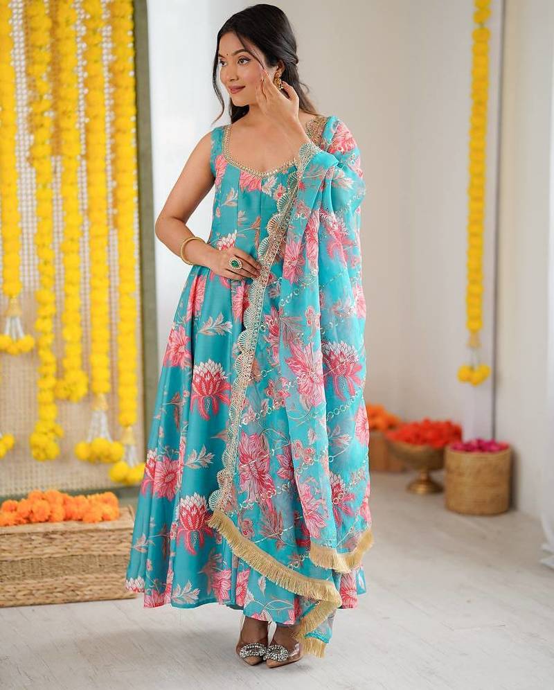 Blue Color Soft Musline Silk Digital Printed Party Wear Gown