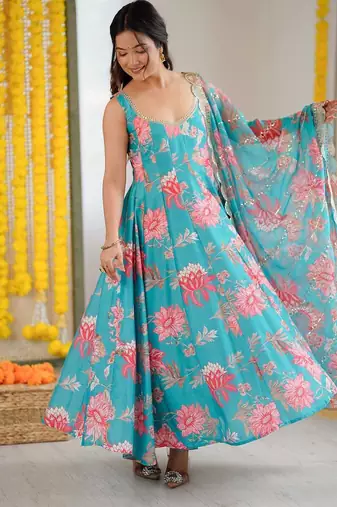 blue musline silk salwar with digital print design