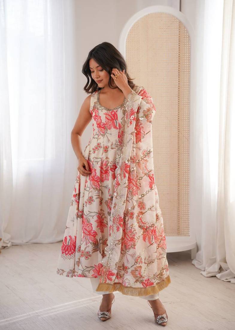 Cream Color Soft Musline Silk Digital Printed Party Wear Gown