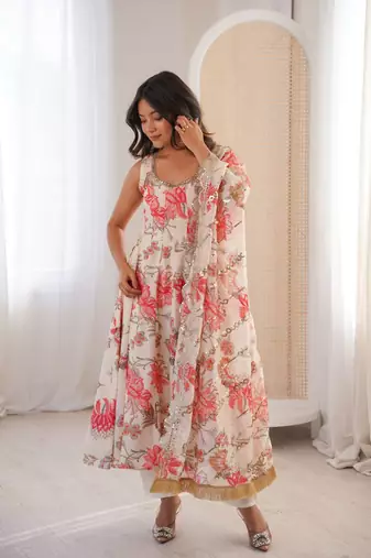 Cream Color Soft Musline Silk Digital Printed Party Wear Gown