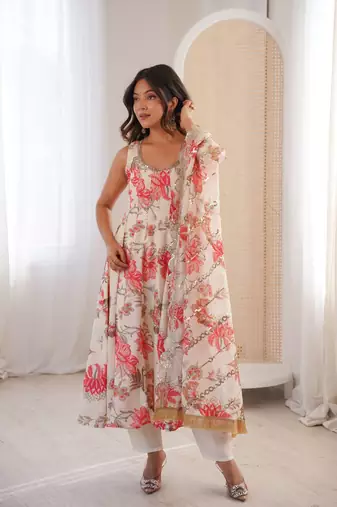 cream musline silk printed salwar kameez
