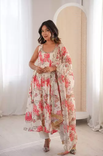 cream musline silk printed salwar kameez