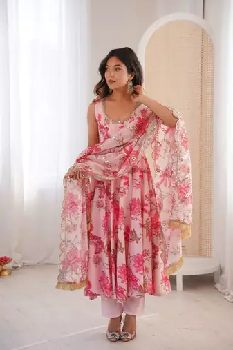 Pink Color Soft Musline Silk Digital Printed Party Wear Gown