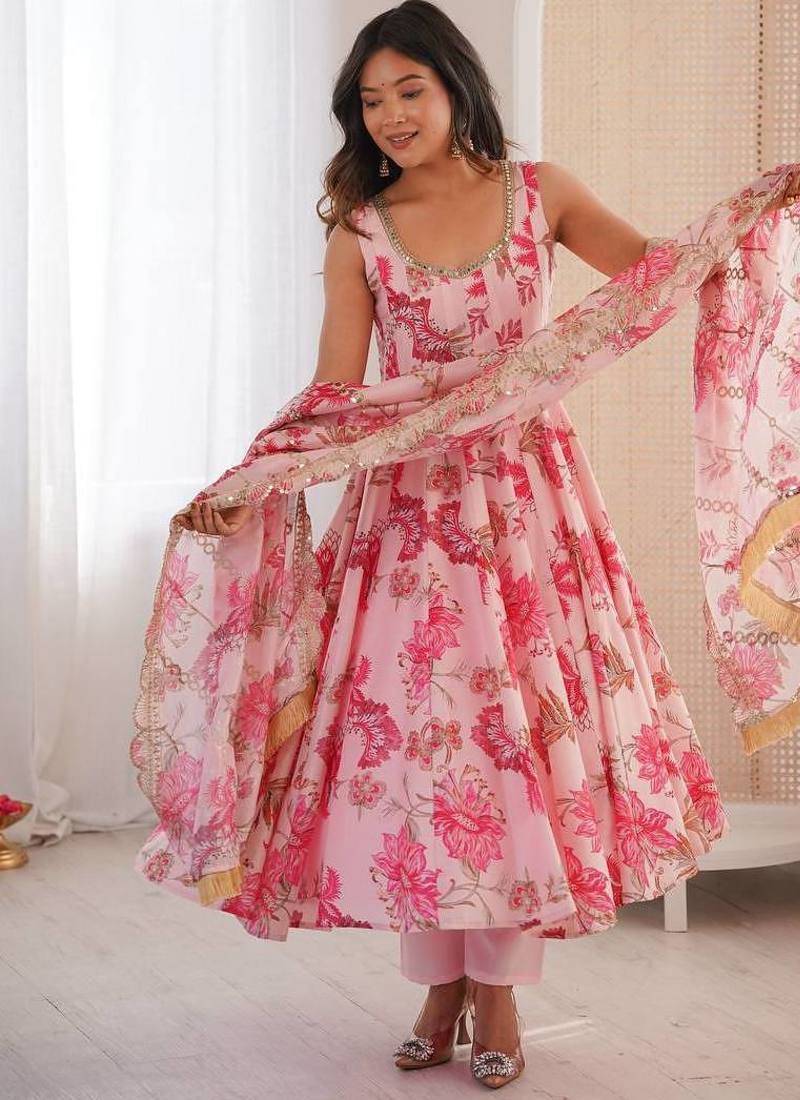 Pink Color Soft Musline Silk Digital Printed Party Wear Gown