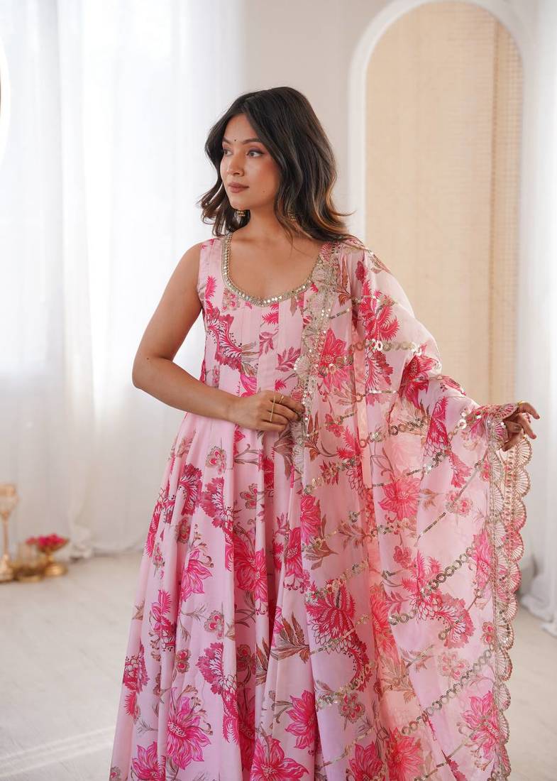 Pink Color Soft Musline Silk Digital Printed Party Wear Gown