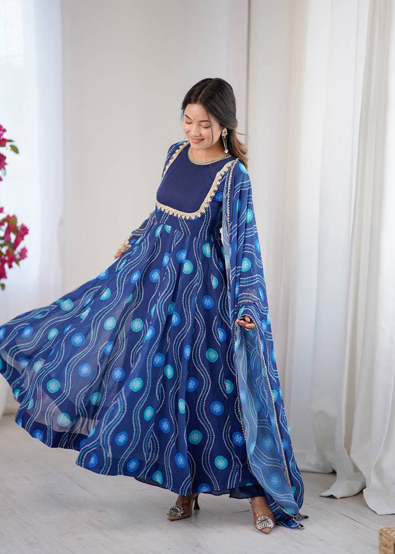 Blue Color Soft Georgette Digital Printed Party Wear Gown