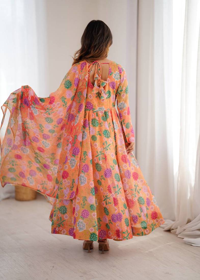 Orange Color Soft Organza Silk Digital Printed Party Wear Gown