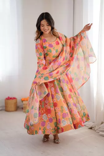 orange organza silk salwar with digital print