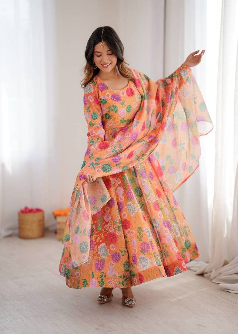 Orange Color Soft Organza Silk Digital Printed Party Wear Gown