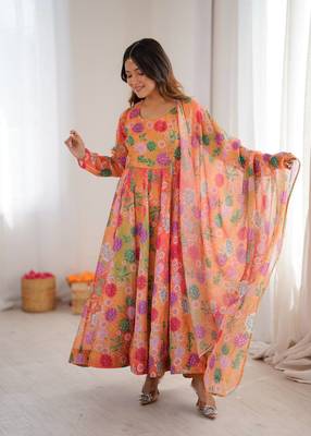 orange organza silk salwar with digital print 4