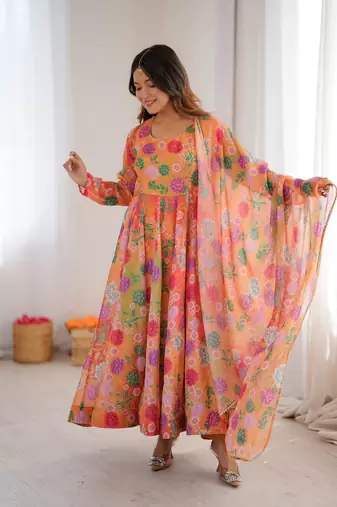 orange organza silk salwar with digital print