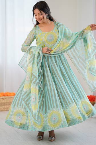 sky blue soft organza salwar suit with digital print