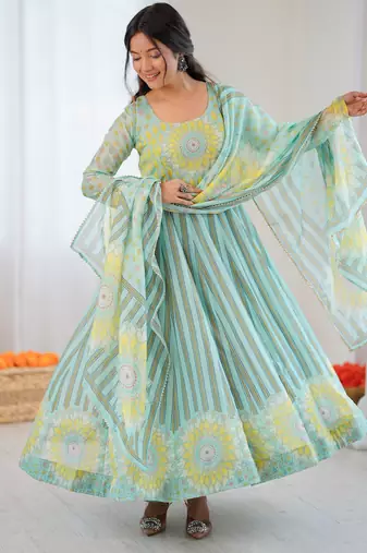 sky blue soft organza salwar suit with digital print
