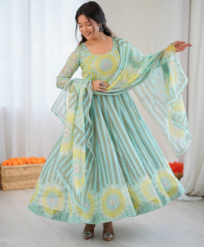 Sky Color Soft Organza Digital Printed Party Wear Gown