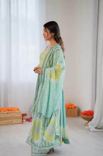 sky blue soft organza salwar suit with digital print