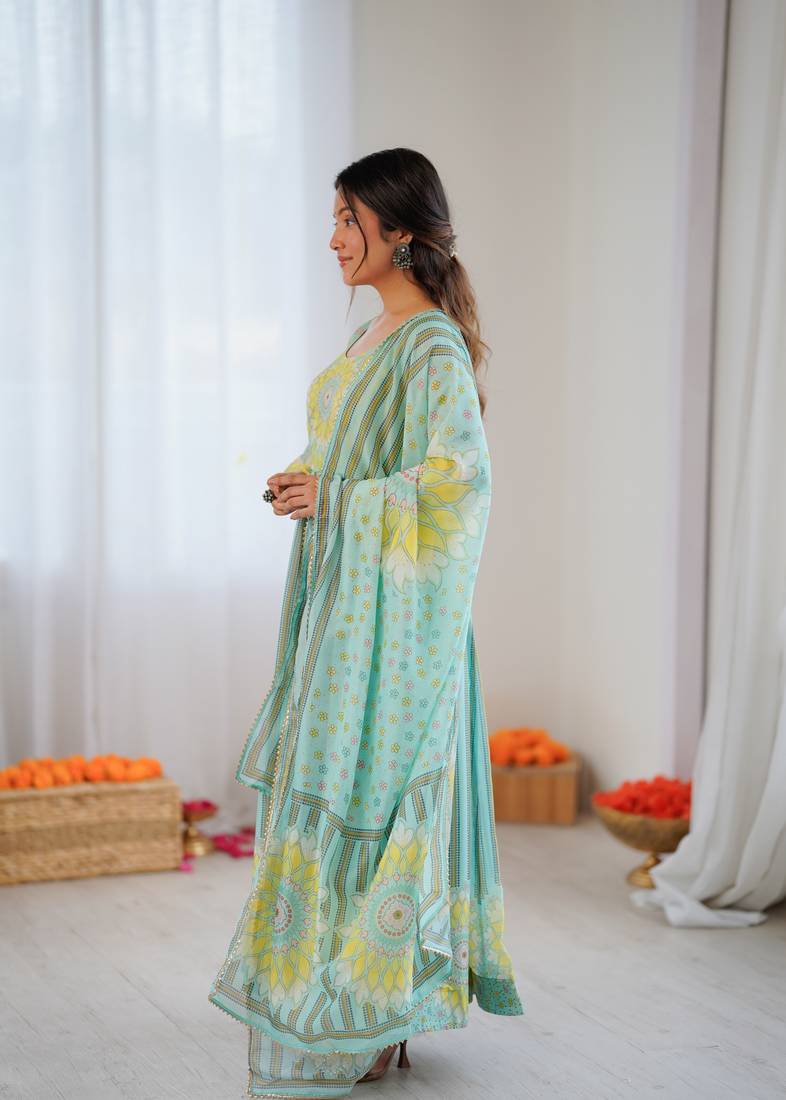 Sky Color Soft Organza Digital Printed Party Wear Gown