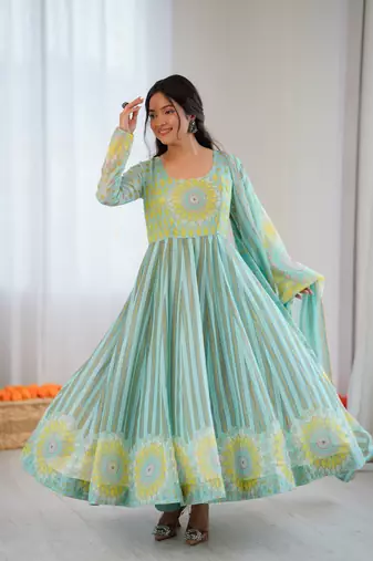 sky blue soft organza salwar suit with digital print