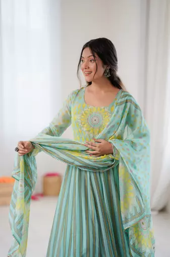 sky blue soft organza salwar suit with digital print