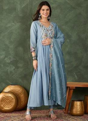 Women's Beautiful Embroidery Work Silk Fabric Flared Kurta Pant and Dupatta Set 1