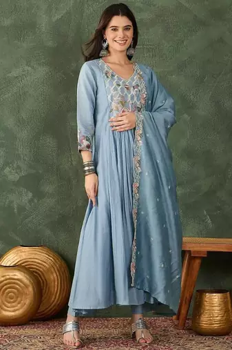 Women's Beautiful Embroidery Work Silk Fabric Flared Kurta Pant and Dupatta Set