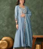 Women's Beautiful Embroidery Work Silk Fabric Flared Kurta Pant and Dupatta Set