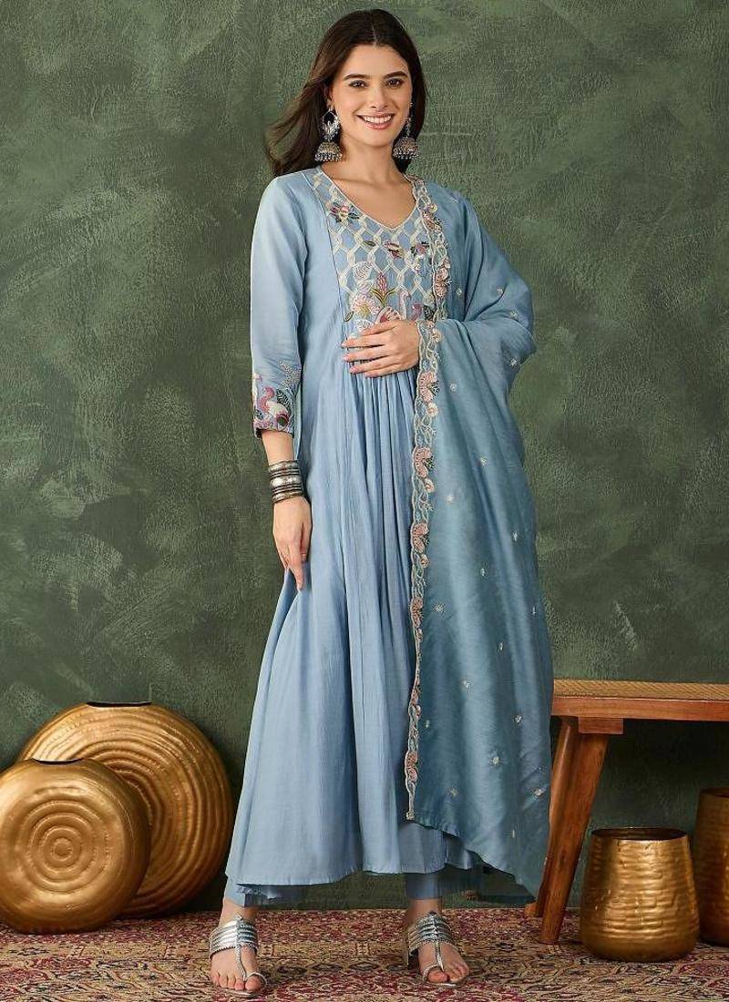 Women's Beautiful Embroidery Work Silk Fabric Flared Kurta Pant and Dupatta Set