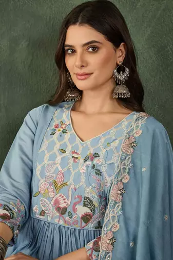 Women's Beautiful Embroidery Work Silk Fabric Flared Kurta Pant and Dupatta Set