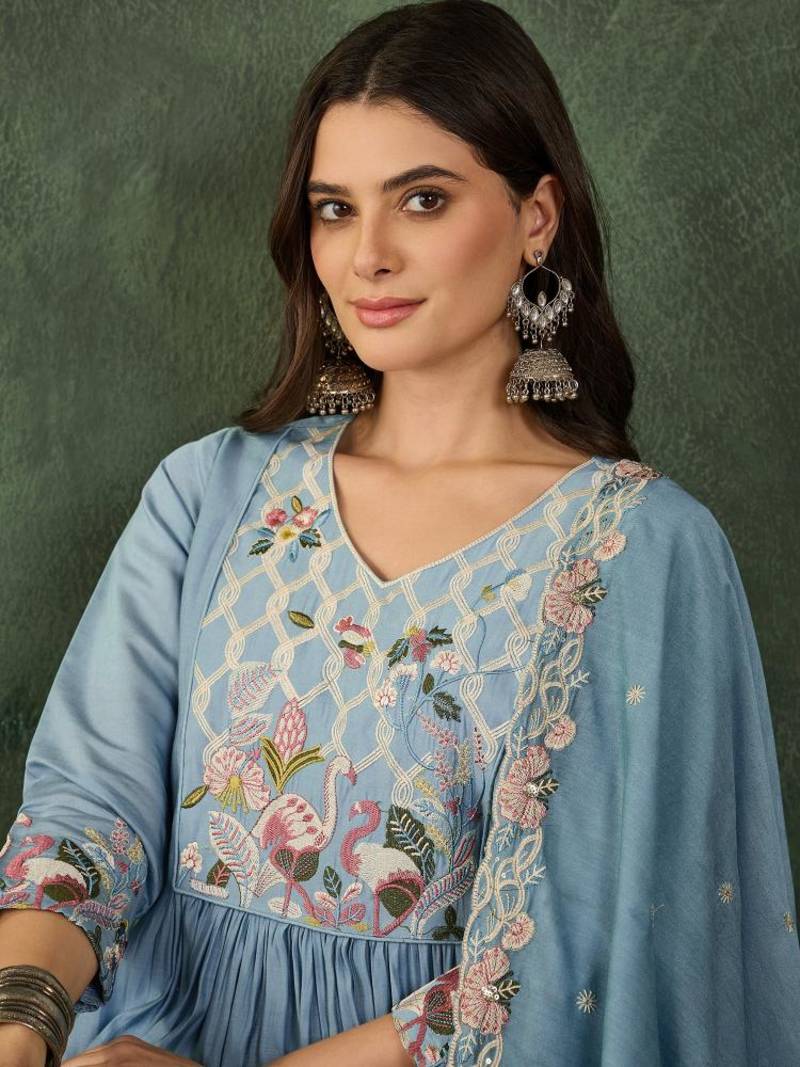 Women's Beautiful Embroidery Work Silk Fabric Flared Kurta Pant and Dupatta Set