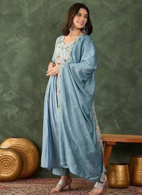 Women's Beautiful Embroidery Work Silk Fabric Flared Kurta Pant and Dupatta Set 3