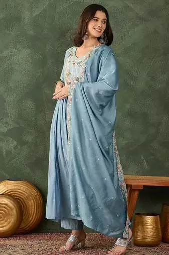 Women's Beautiful Embroidery Work Silk Fabric Flared Kurta Pant and Dupatta Set