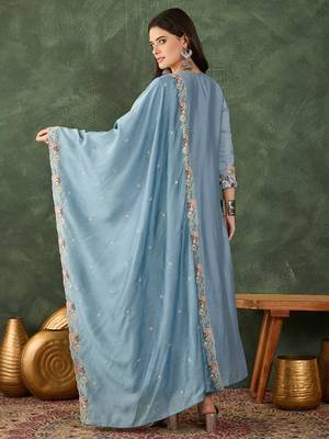 Women's Beautiful Embroidery Work Silk Fabric Flared Kurta Pant and Dupatta Set 4