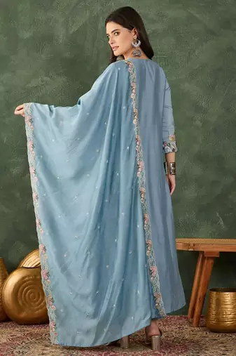 Women's Beautiful Embroidery Work Silk Fabric Flared Kurta Pant and Dupatta Set