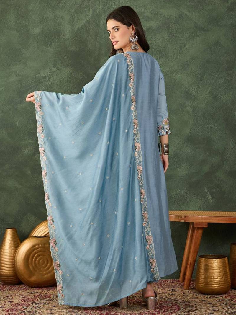 Women's Beautiful Embroidery Work Silk Fabric Flared Kurta Pant and Dupatta Set