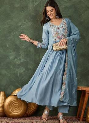 Women's Beautiful Embroidery Work Silk Fabric Flared Kurta Pant and Dupatta Set 5