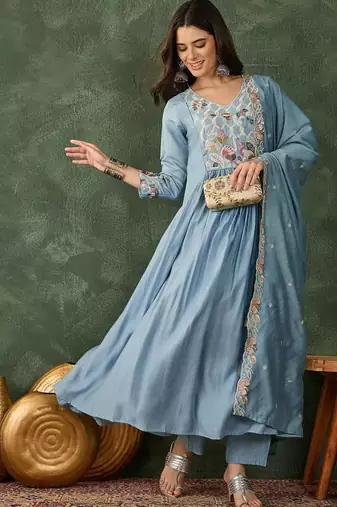 Women's Beautiful Embroidery Work Silk Fabric Flared Kurta Pant and Dupatta Set