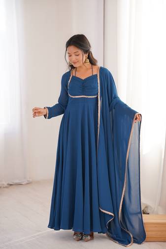 blue faux georgette yoke embroidery gown