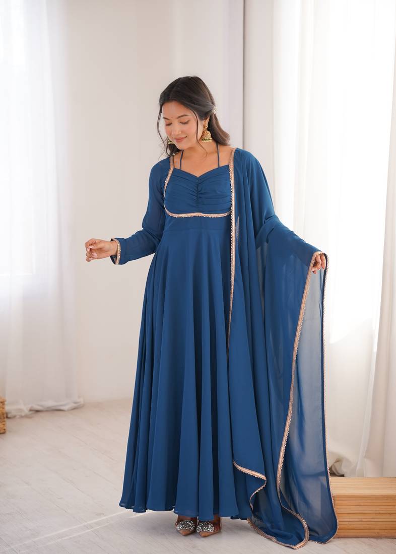 Blue Color Faux Georgette Designer Yoke Work Party Wear Gown
