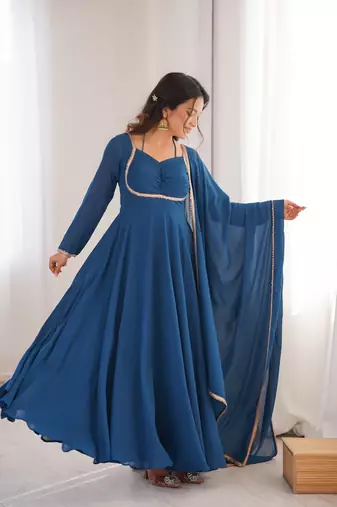 blue faux georgette yoke embroidery gown